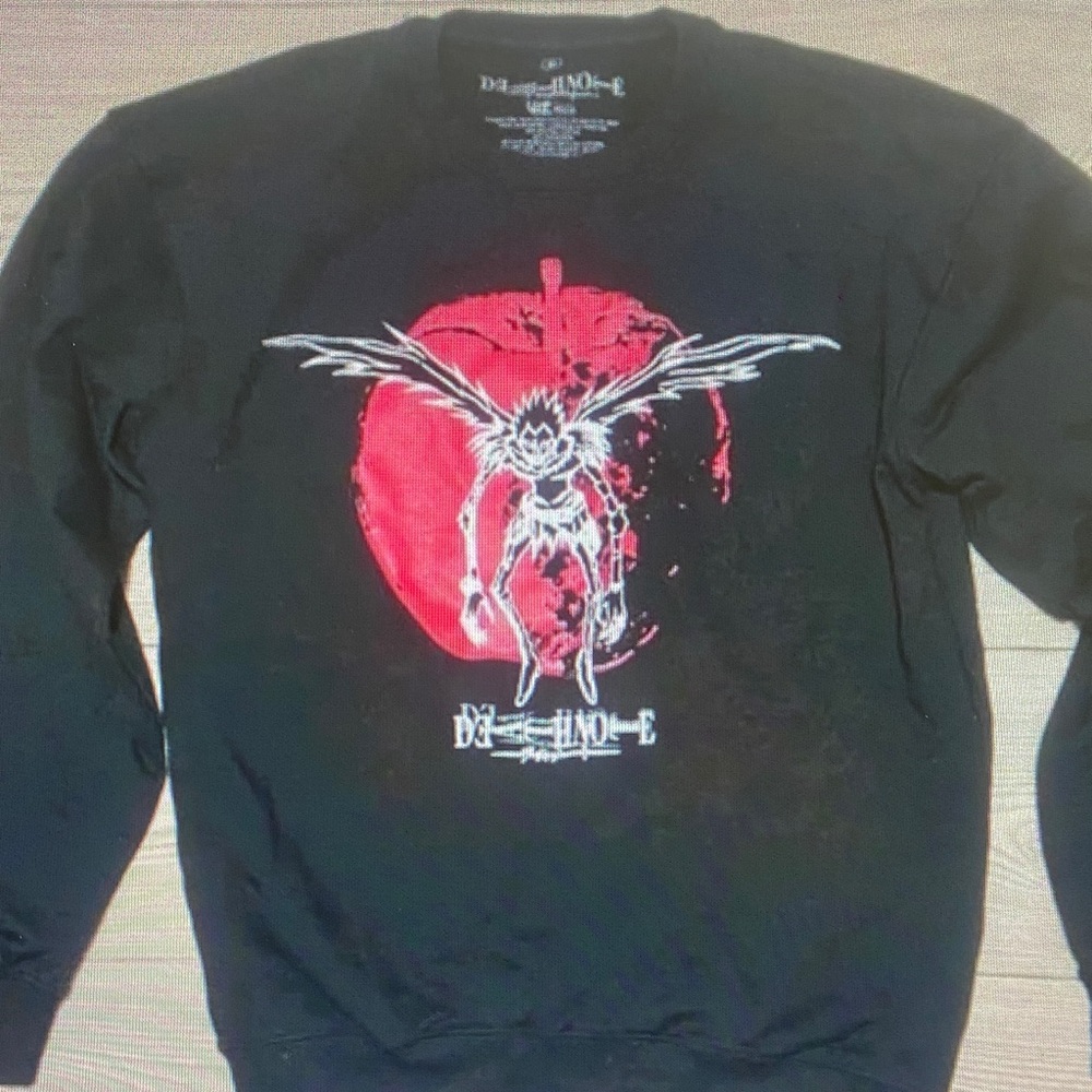 Black Crewneck Sweater with Red Graphic Moon and Winged Figure